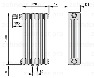 Схема (чертеж) Радиатор Zehnder Charleston 4120/6 №V007 Белый глянцевый RAL 9016